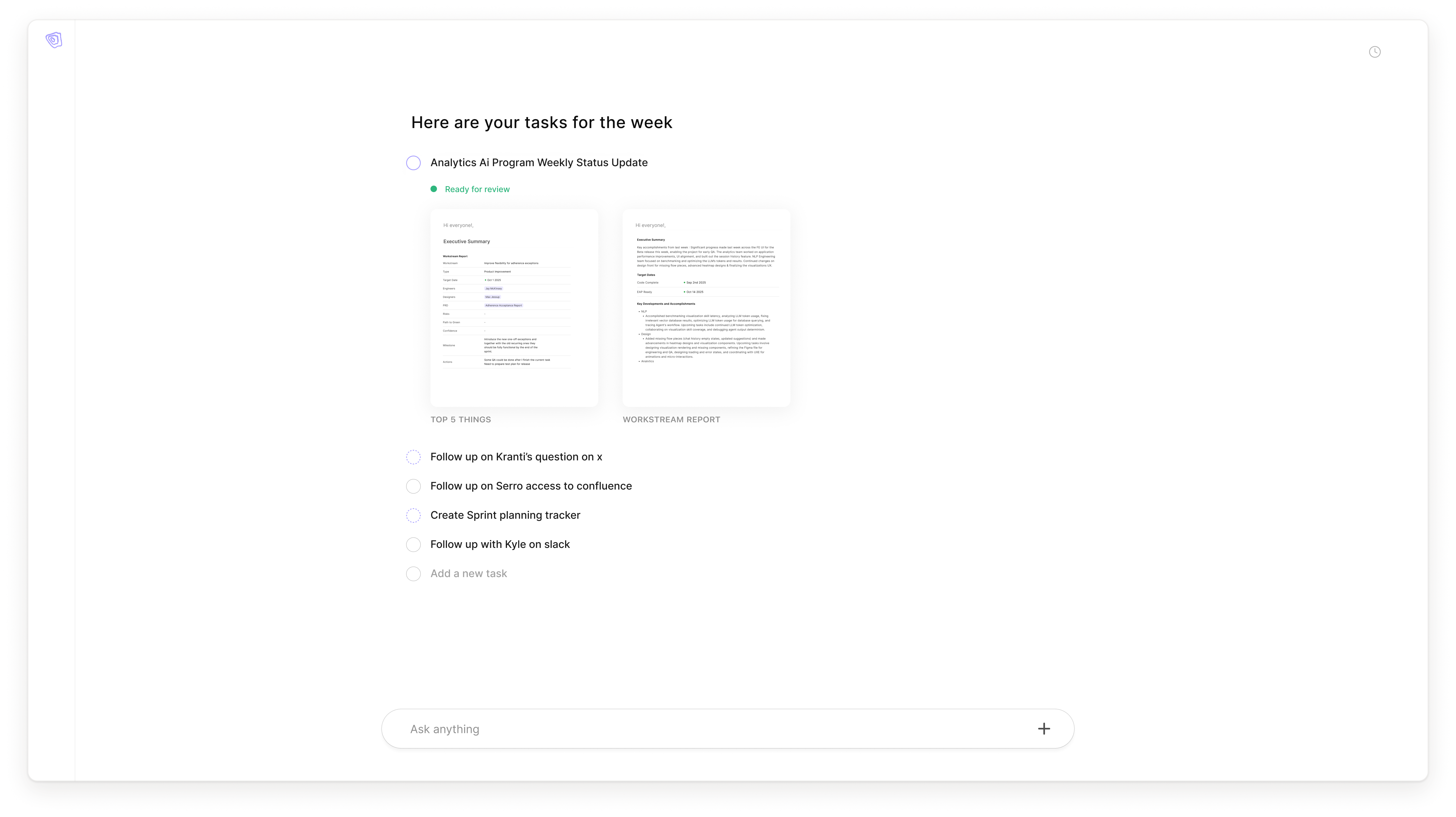 Serro weekly tasks